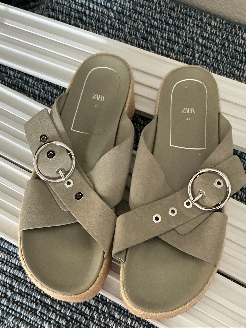 ZARA Olive Green Crisscross Slide Sandals with Silver Buckles